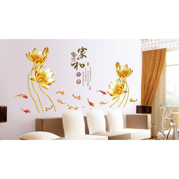 Decal trang trí tường - Hoa Sen Vàng Sáng chữ tàu sang trọng