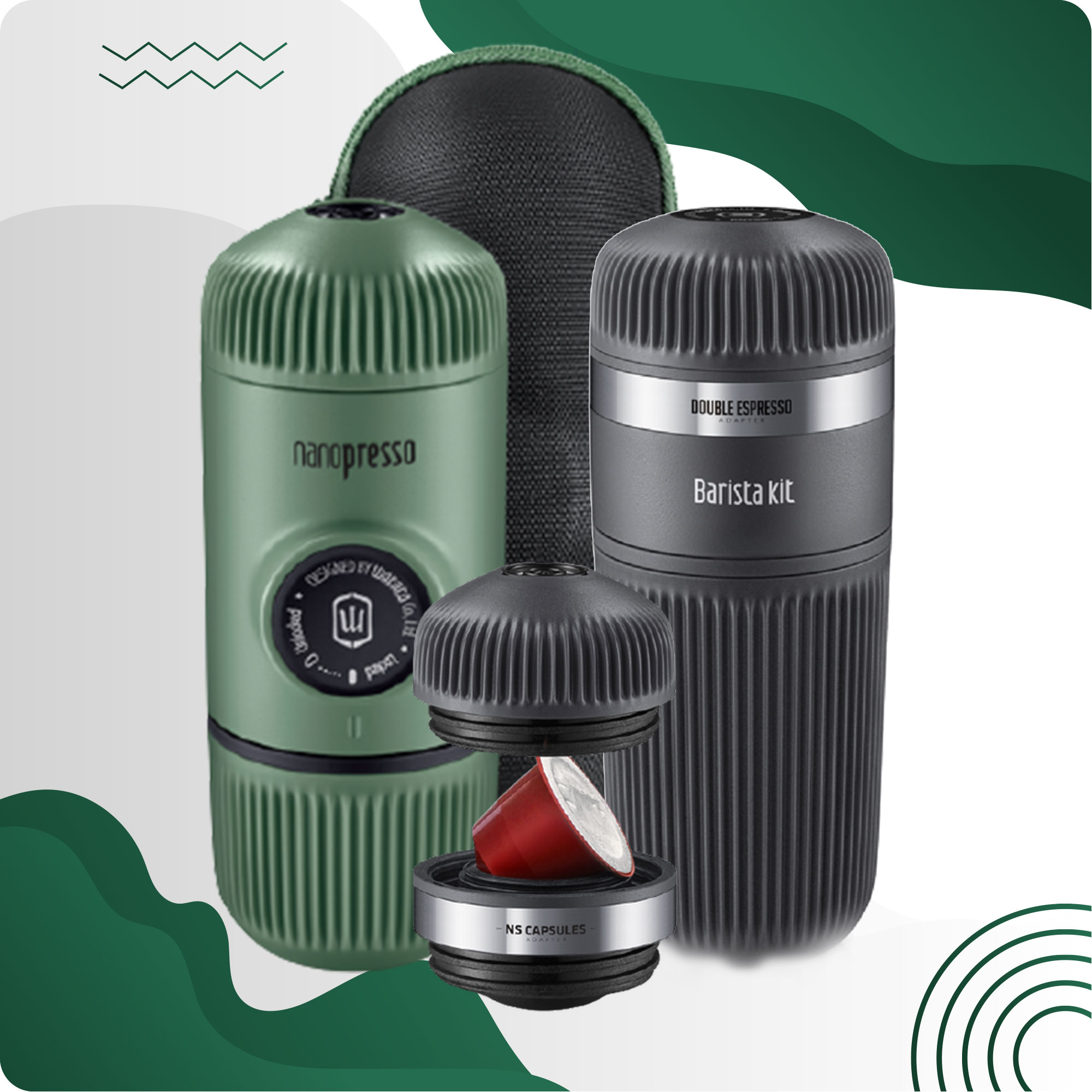 WACACO – COMBO DỤNG CỤ ÉP ESPRESSO BẰNG TAY NANOPRESSO MOSS GREEN – WINTER BREAK