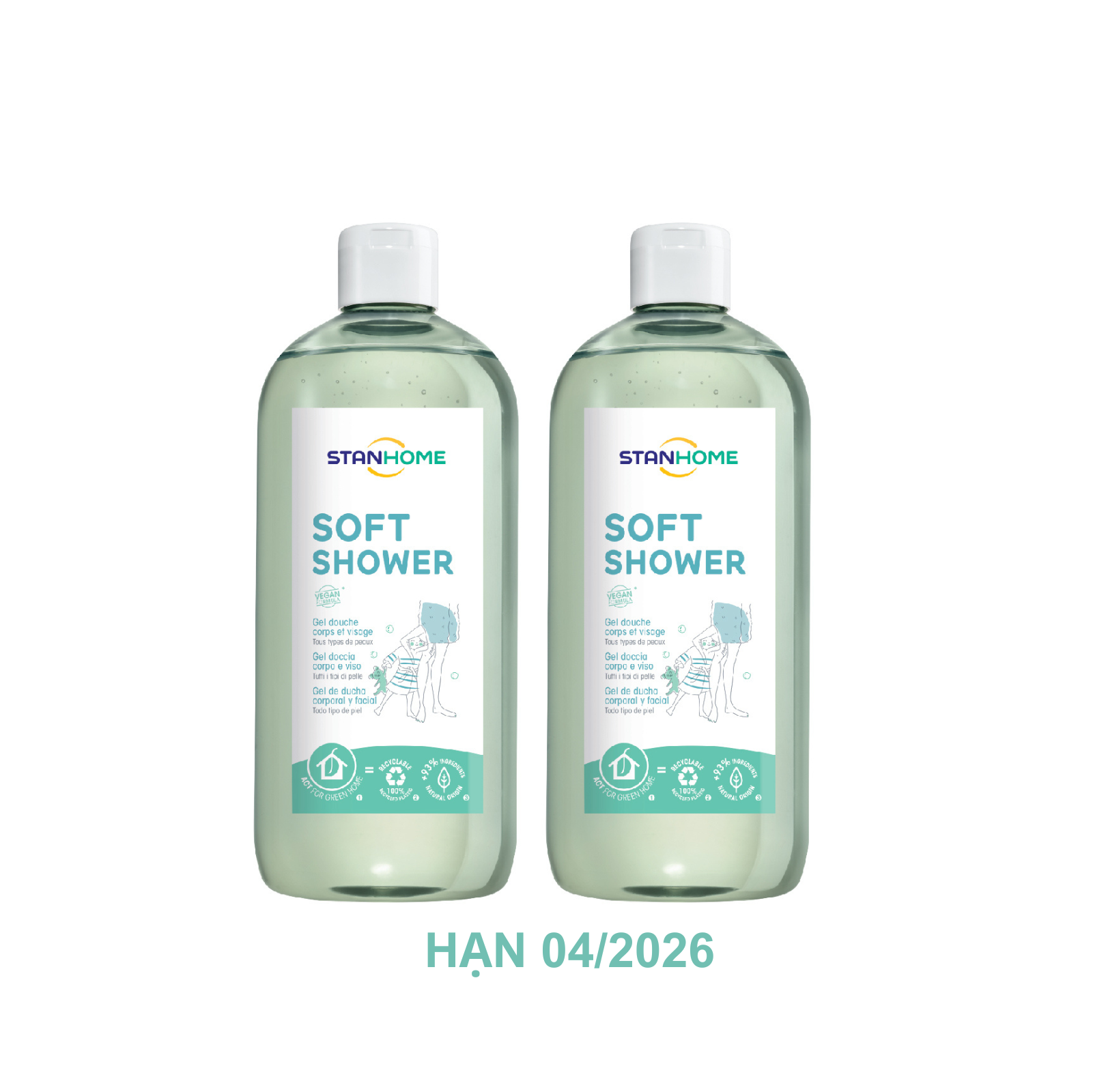 [DATE 04-2026]Combo 2 Sữa tắm, rửa mặt không xà phòng cho mọi loại da và da nhạy cảm Stanhome Soft Shower Gel Douche Corps Et Visage Tous types de peaux 740ML/chai