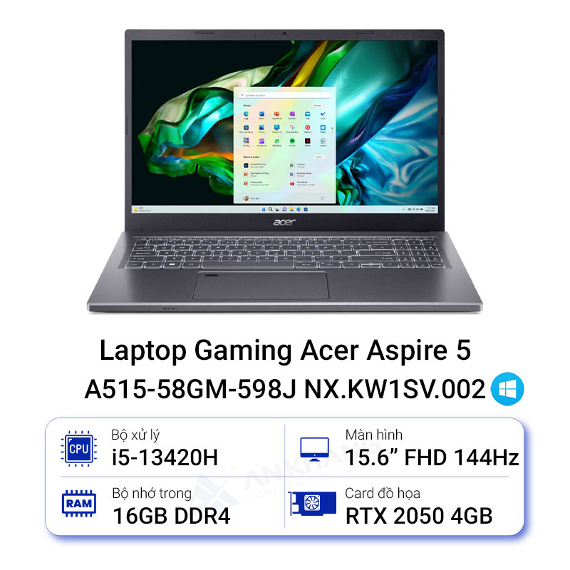 Máy tính xách tay Acer N22Q25 (A515-58GM-598J) (i5-13420H; 16GB; 512GB SSD; RTX2050/4GB; 15.6&quot; FHD; Win11; Xám; NX.KW1SV.002) - HÀNG CHÍNH HÃNG