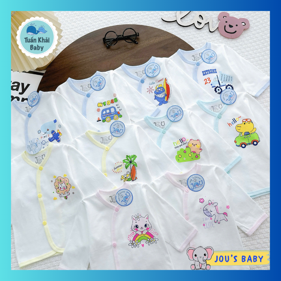 Túi 5 Cái Áo Sơ Sinh Tay Dài Cotton Cài Nút Xéo Trắng JOU - Size 1,2,3,4 cho bé 0-12 Tháng - Chất vải mềm, thoáng mát, thấm hút mồ hôi