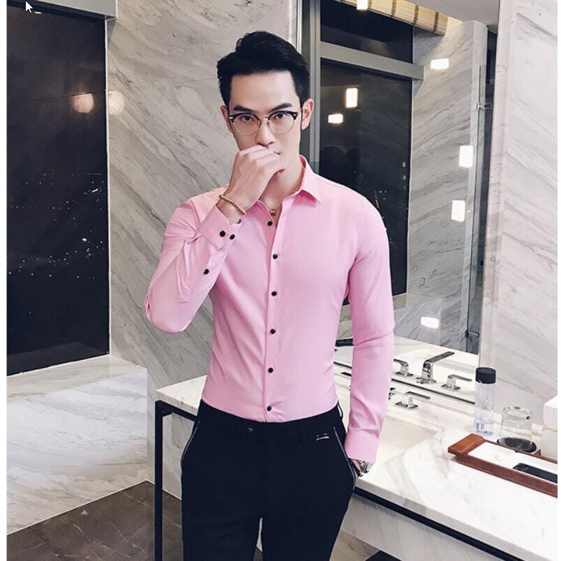 Áo sơ mi nam màu Hồng,Áo sơ mi nam dài tay cổ bẻ vải cotton lụa thái chống nhăn chống xù cực sang trọng