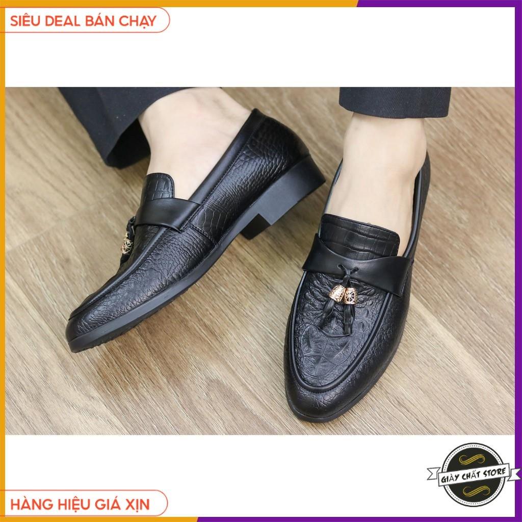 GIÀY LƯỜI DA NAM GIÁ RẺ - DẬP VÂN CÁ SẤU CÓ CHUÔNG VÀNG - ĐẾ CAO 3CM - MÃ L184