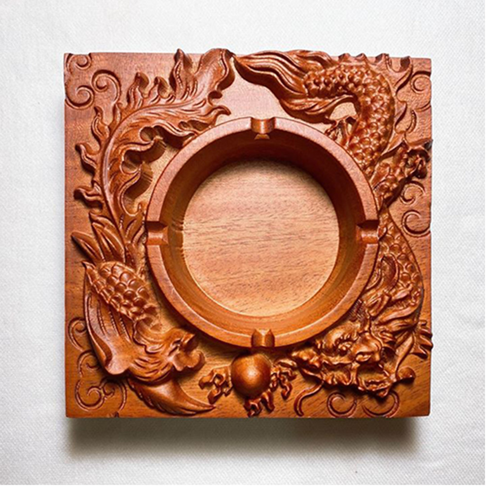 Gạt Tàn Thuốc Lá Vuông - Chất Liệu Gỗ Hương - Hình Rồng - Phụng - Cá Chép