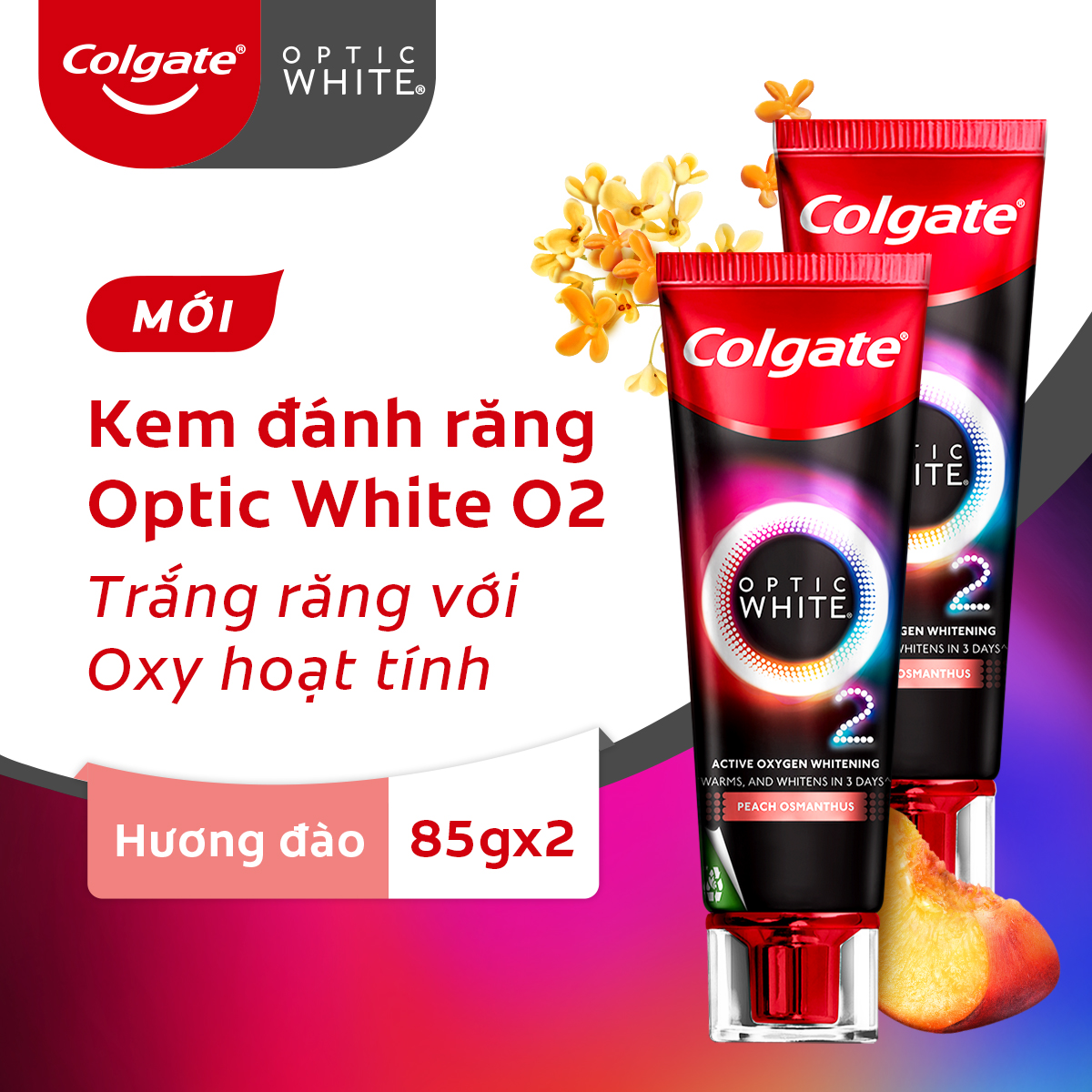 Bộ 2 Kem Đánh Răng Colgate Optic White O2 Oxy Hoạt Tính trắng răng 3 ngày 85g Hương đào