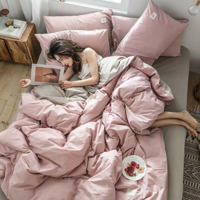 Bộ Chăn Ga Gối Cotton Tici Hồng Be Cao Cấp