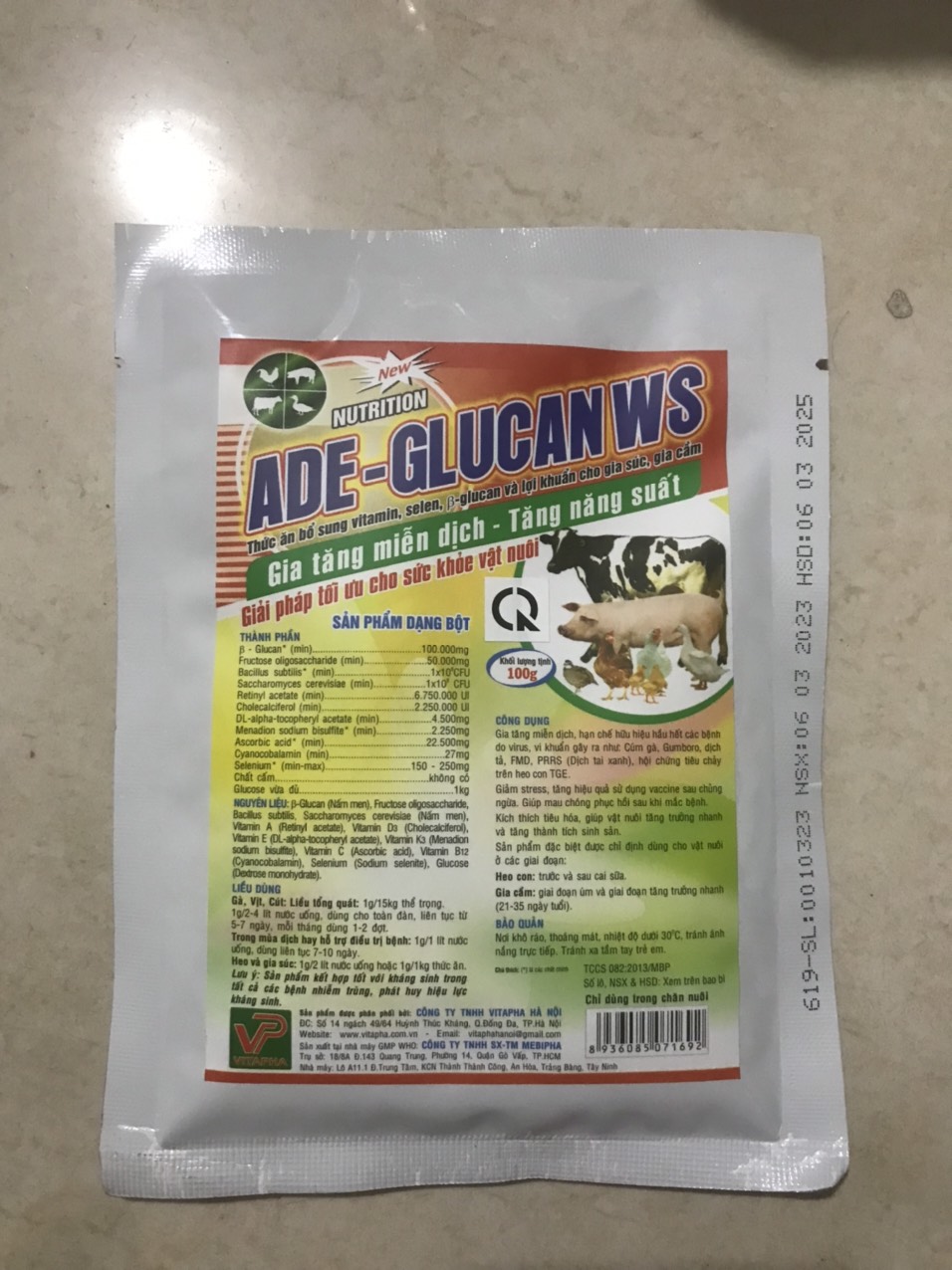 ADE glucan (100g), bổ sung glucan, selen, vitamin, lợi khuẩn cho chó, mèo, lợn, gà, trâu, bò,...