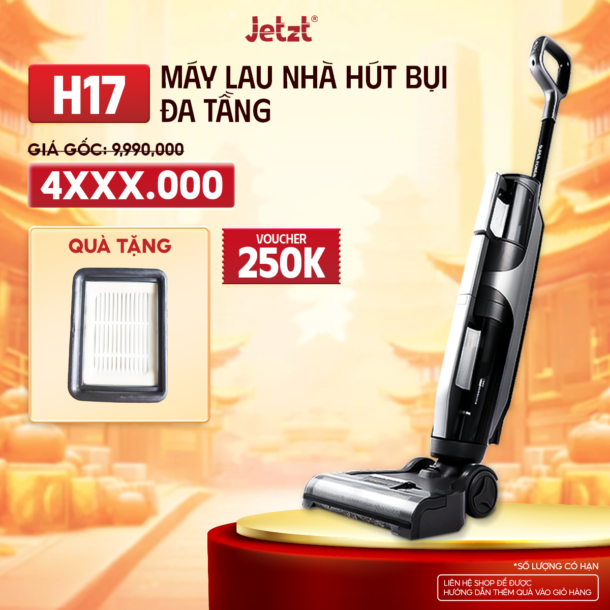 Máy Lau Nhà Hút Bụi Không Dây Thế Hệ Mới Jetzt H17 Lực Hút 18000Pa