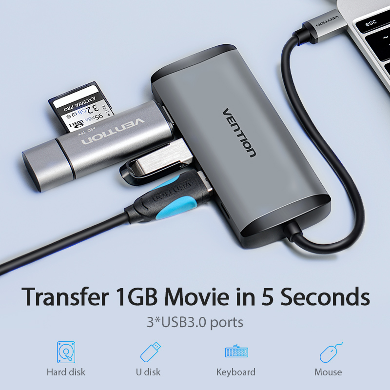 HUB chuyển đổi USB Type-C 5 in 1 Vention - HDMI + USB 3.0*3 + PD - Hàng chính hãng