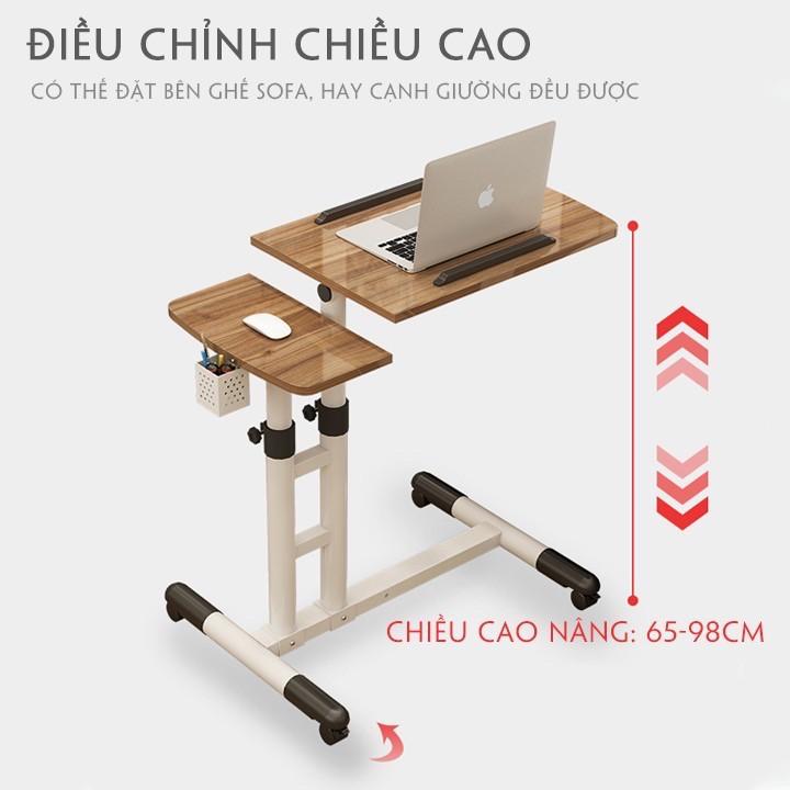 Bàn Laptop Di Động Thông Minh nâng hạ chiều caoMặt bàn vân gỗ điểu chỉnh độ nghiêng kèm giỏ bút, có bánh xe