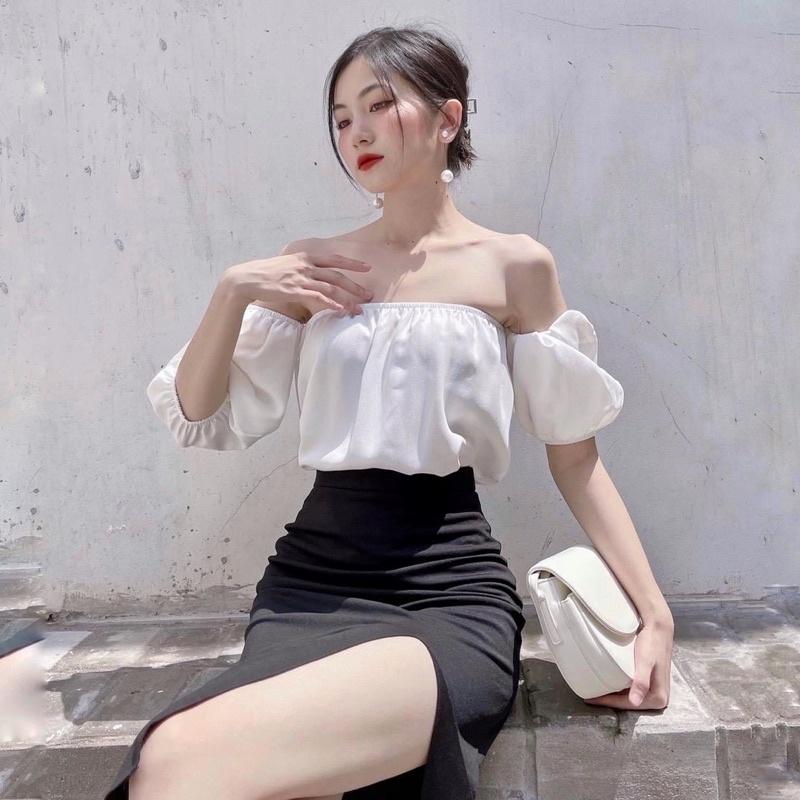 Set váy thiết kế Simee áo trễ vai mix chân váy xẻ tà