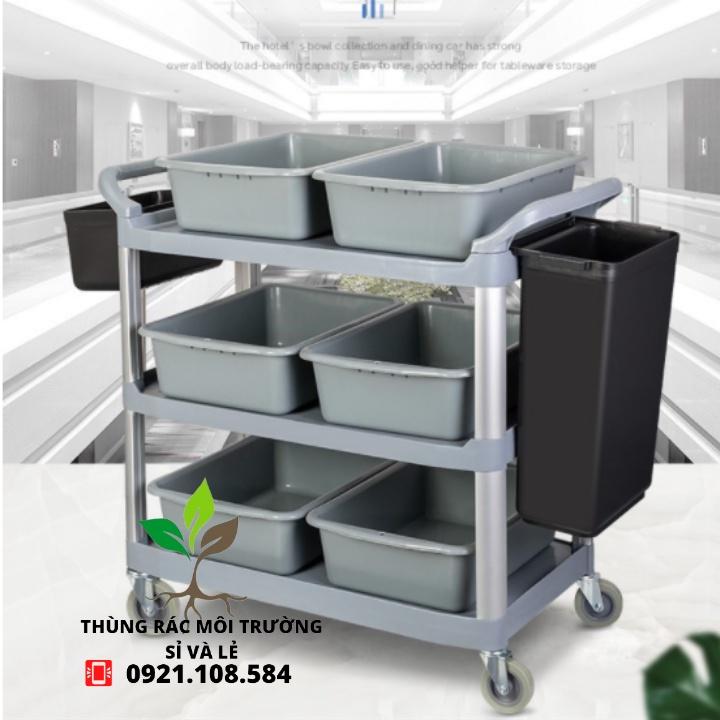 Xe đẩy dọn thức ăn, bát đũa 3 tầng bằng nhựa, có 4 bánh xe XÁM XANH,ĐEN