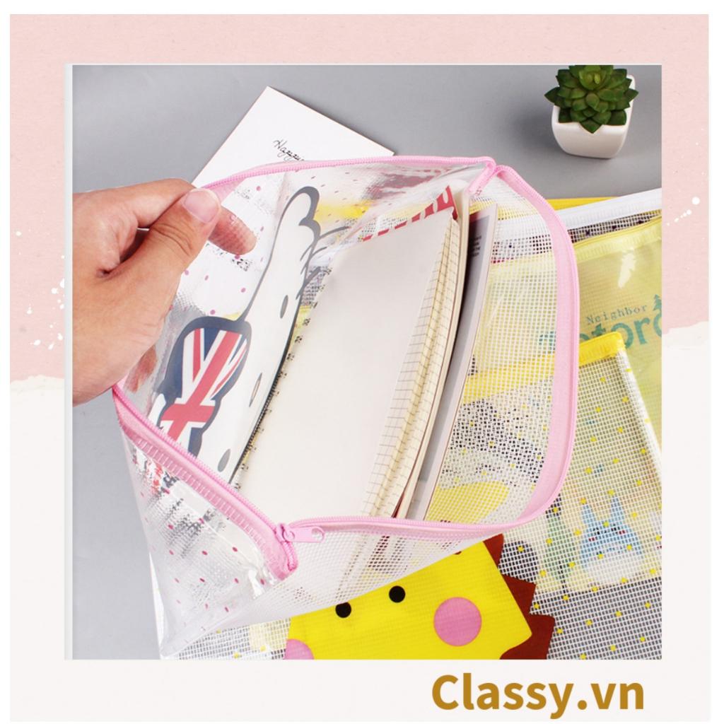 Túi lưới tiện ích trong suốt có khoá zip, đựng tài liệu, văn phòng phẩm, mỹ phẩm, du lịch; in hình dễ thương PK478