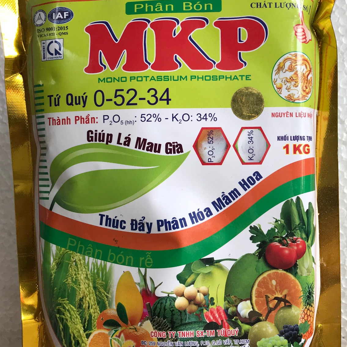 Phân Bón Tứ Quý MKP  0 - 52 - 34 MONO POTASSIUM PHOSPHATE , Giúp Lá Mau Già, Thúc Đẩy Phân Hóa Mầm Hoa (Túi 1kg)