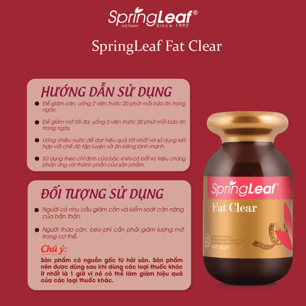 Viên uống SpringLeaf Fat Clear 120 viên hỗ trợ cải thiện cân nặng kiểm soát và phân giải mỡ trong cơ thể