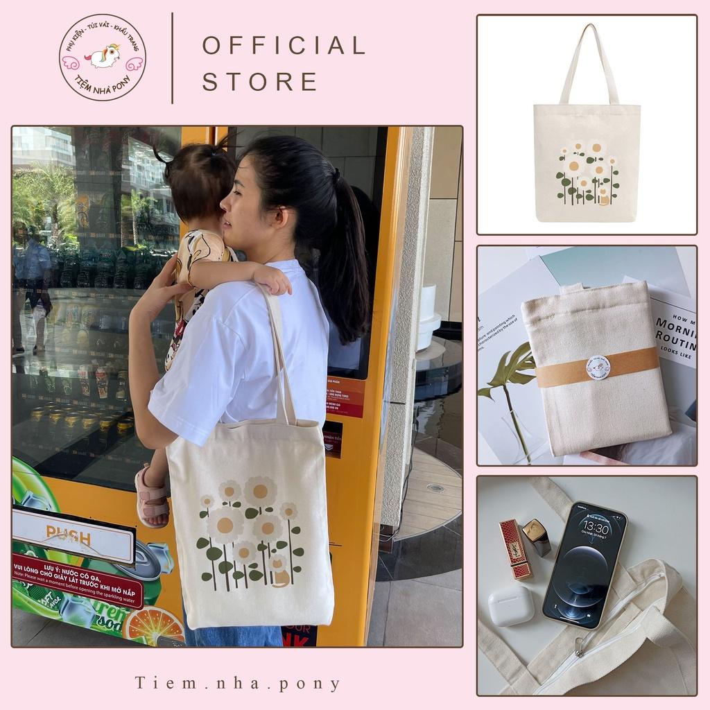 Túi tote vải mộc Tiệm nhà Pony dây kéo in hình Flowers and lion PM56