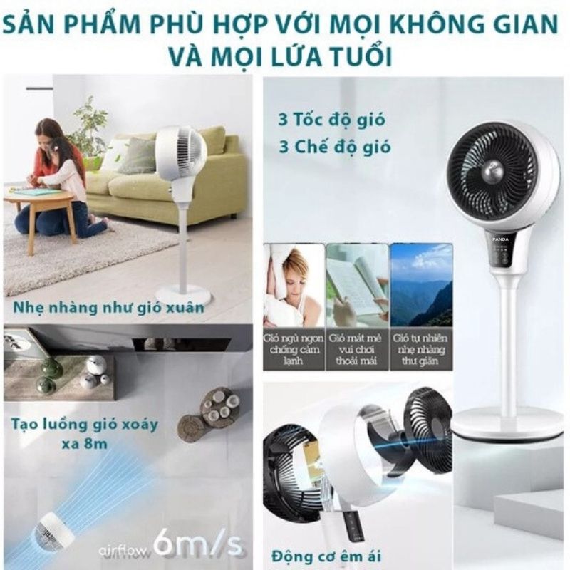 Quạt Tuần Hoàn Không Khí Panda , Quạt Cây Đứng Quay 360 Độ , Giúp Lưu Thông Không Khí , Thông Thoáng Phòng Ốc Có Điều Khiển Từ Xa , Màn Hình Cảm Ứng - Công Suất 35W