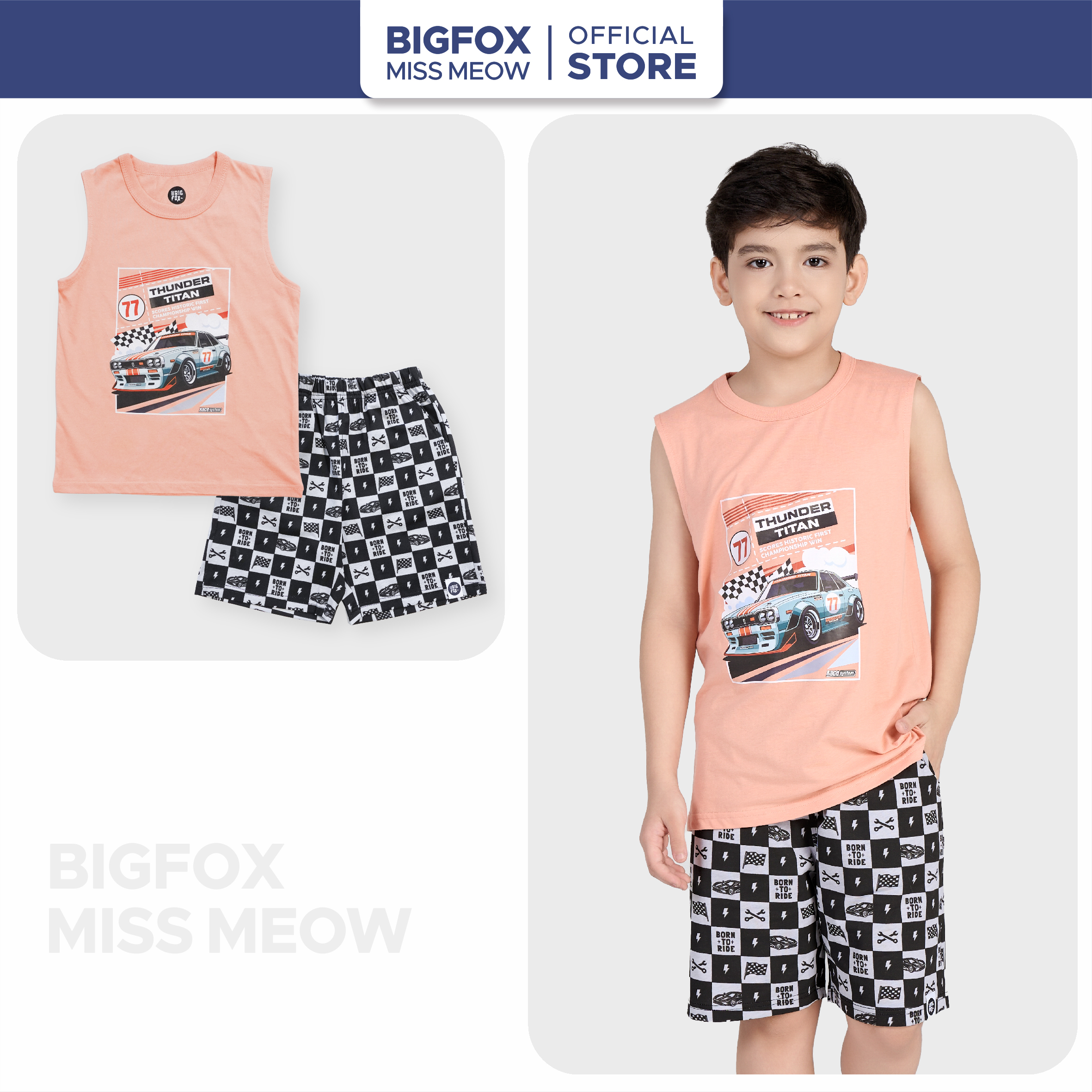 Bộ đồ sát nách cho bé trai Bigfox Miss Meow mặc nhà mùa hè vải cotton size đại trẻ em 3-11 tuổi 30kg