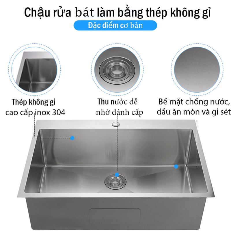 Chậu rửa bát inox 304 đơn 1 hố đúc Pimisi kích thước 6045-4540 cm đầy đủ xi phông loại to và kèm rổ đựng đồ dùng để rửa chén bát gắn được cả âm bàn đá | Hàng chính hãng