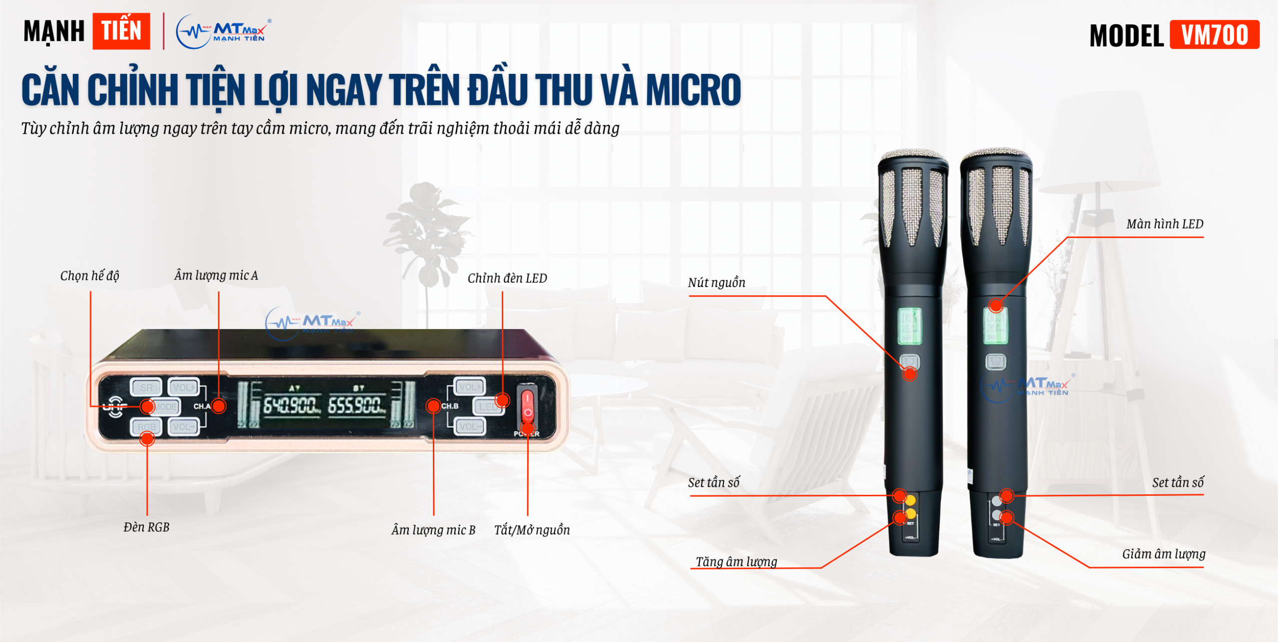 Micro Karaoke VM700 UHF Siêu Độc Đáo Với Đèn LED RGB và Micro Hát Nhẹ, Hút Tiếng, Chống Hú Rít HÀNG CHÍNH HÃNG