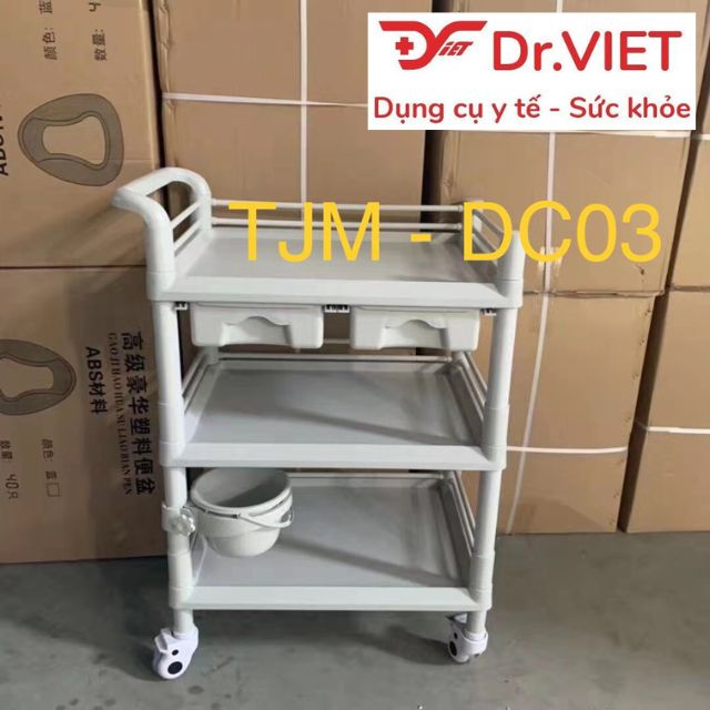 Xe đẩy dụng cụ tiêm nhựa ABS TJM-DC03.H2L Loại 3 tầng cở lớn, 2 hộc kéo, 1 chậu