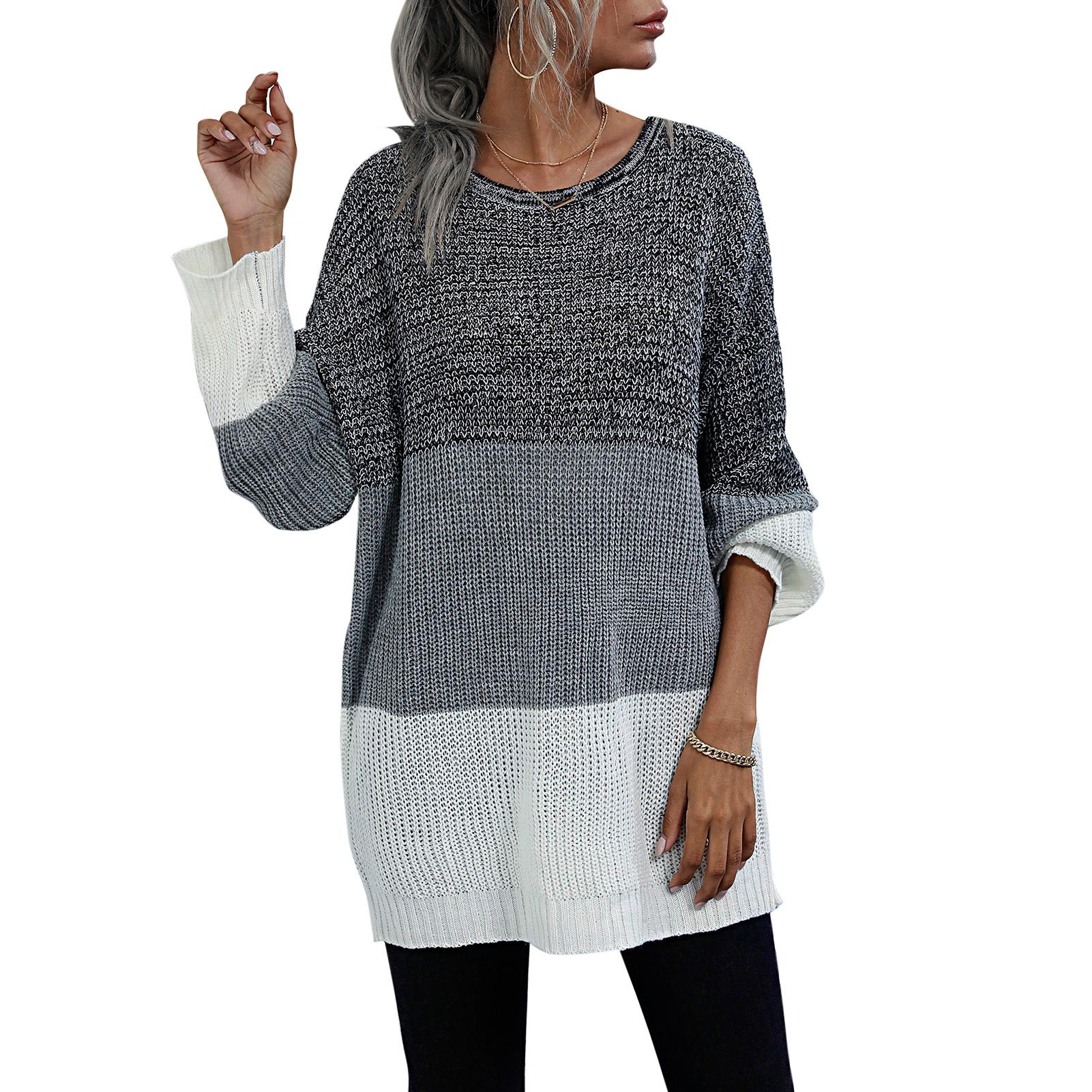 Women Knitted Sweater Splicing O Neck Long Sleeve Soft Autumn Winter Loose Pullovers Tunics Casual Jumper