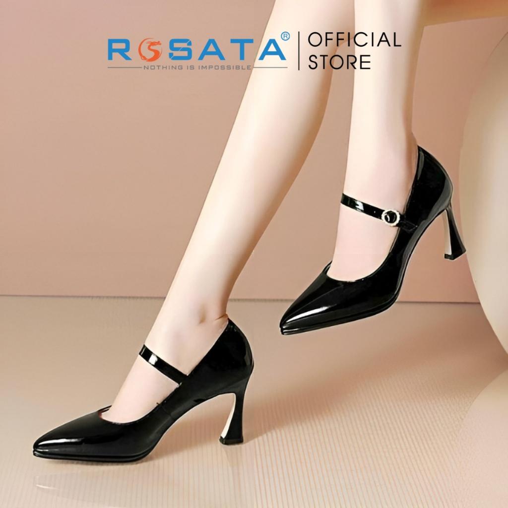 Giày cao gót nữ ROSATA RO409 da trơn mũi nhọn quai ngang cài khóa dây mảnh gót nhọn cao 7cm màu đen xuất xứ Việt Nam - Đen, Đen