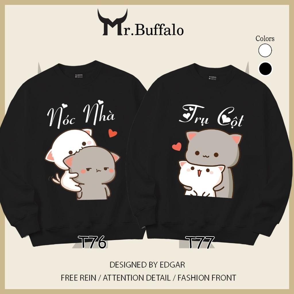 Áo Sweater cặp đôi Mèo mochii nóc nhà, cột nhà dễ thương Mr.Buffalo - T77 - Trắng