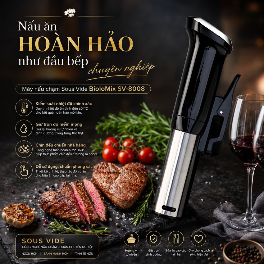 Máy nấu chậm chân không Sous vide BioloMix SV-8008 1200W Điều khiển màn hình LED - Hàng Chính Hãng