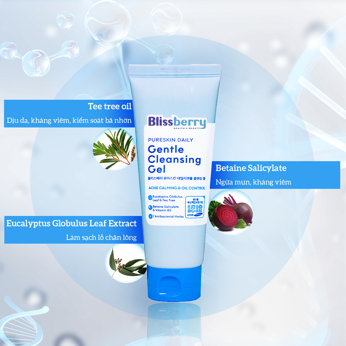 Combo trọn bộ chăm sóc da mụn Blissberry: Sữa rửa mặt 100ml, gel bôi mụn mini 5ml, kem chống nắng 60ml và serum 15ml