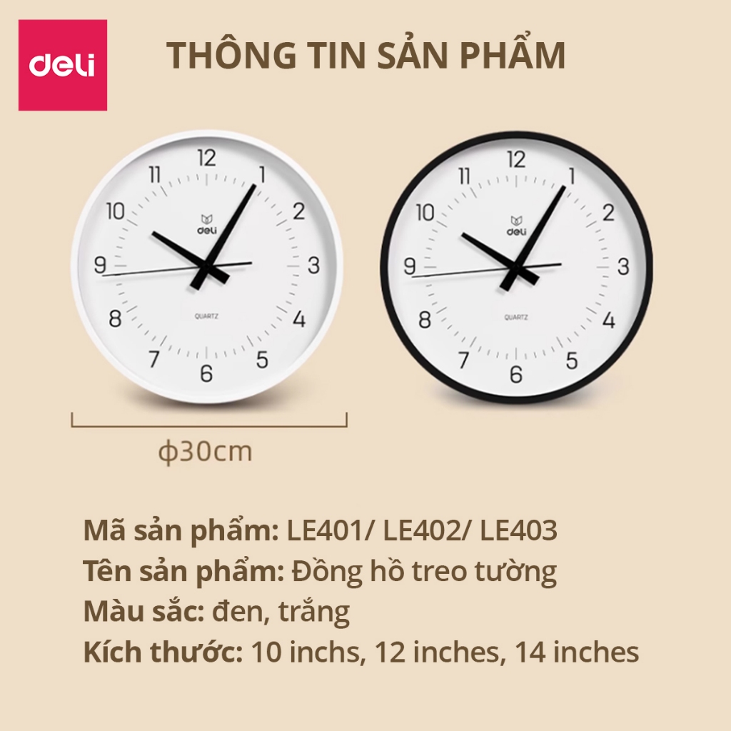 Đồng hồ treo tường kim trôi không ồn minimalist phong cách tối giản trang trí phòng khách Bảo hành 12 tháng Deli