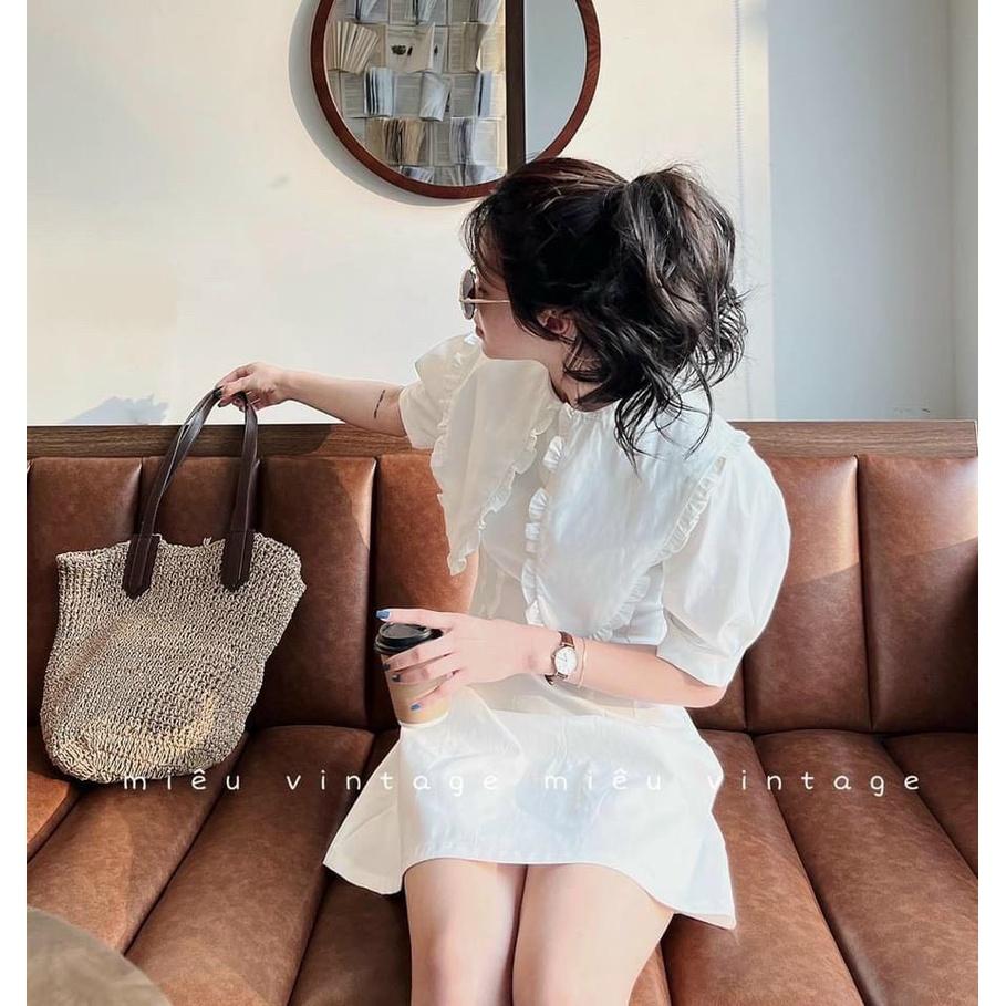 Váy đầm nữ dáng xòe màu trắng cổ sơ mi phối bèo dễ thương