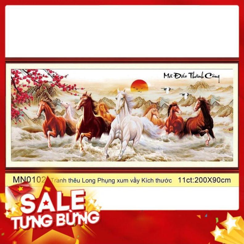 Tranh thêu chữ thập cao cấp ngựa mã đáo thành công KT 200x90cm