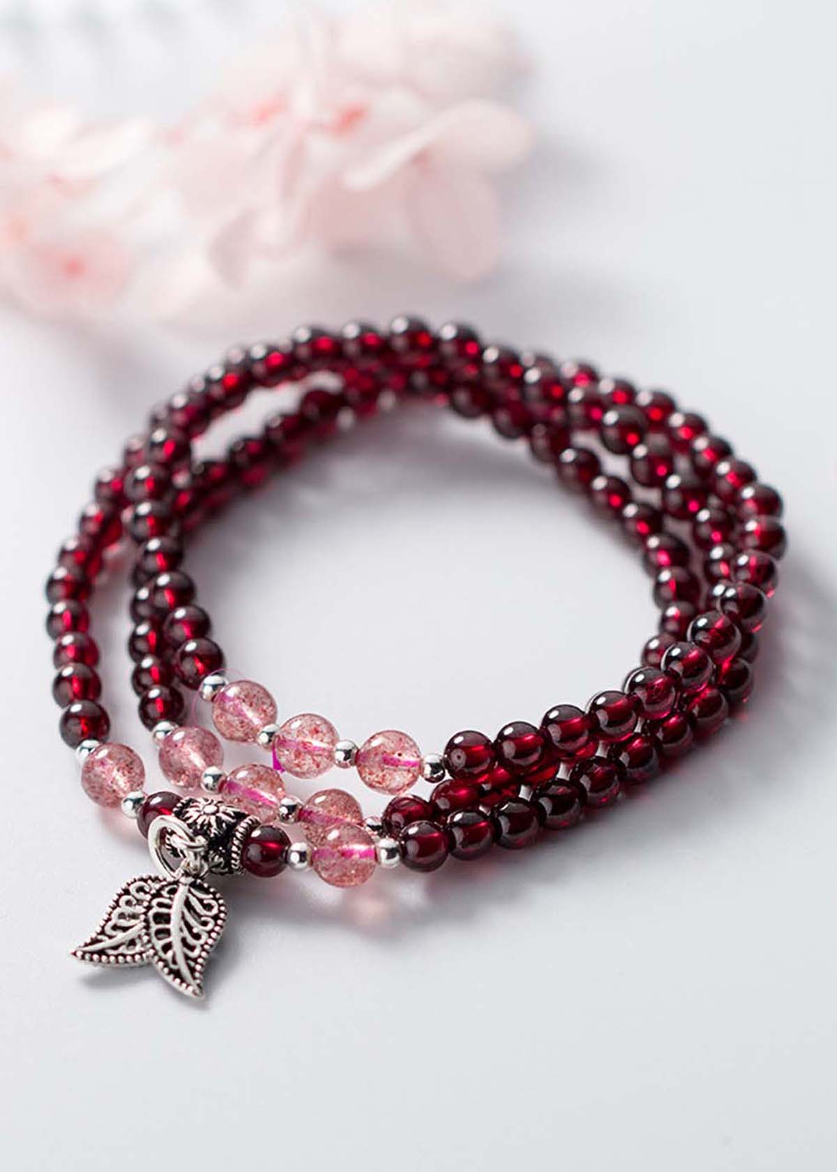 Vòng 2 line đá Garnet charm lá đôi mệnh hỏa, thổ - Ngọc Quý Gemstones