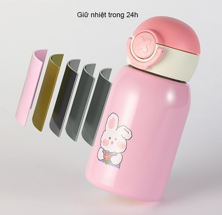 Bình giữ nhiệt nóng lạnh cho bé đi học siêu CUTE 500ml, kèm vỏ bọc sillion và dây đeo (đỏ)