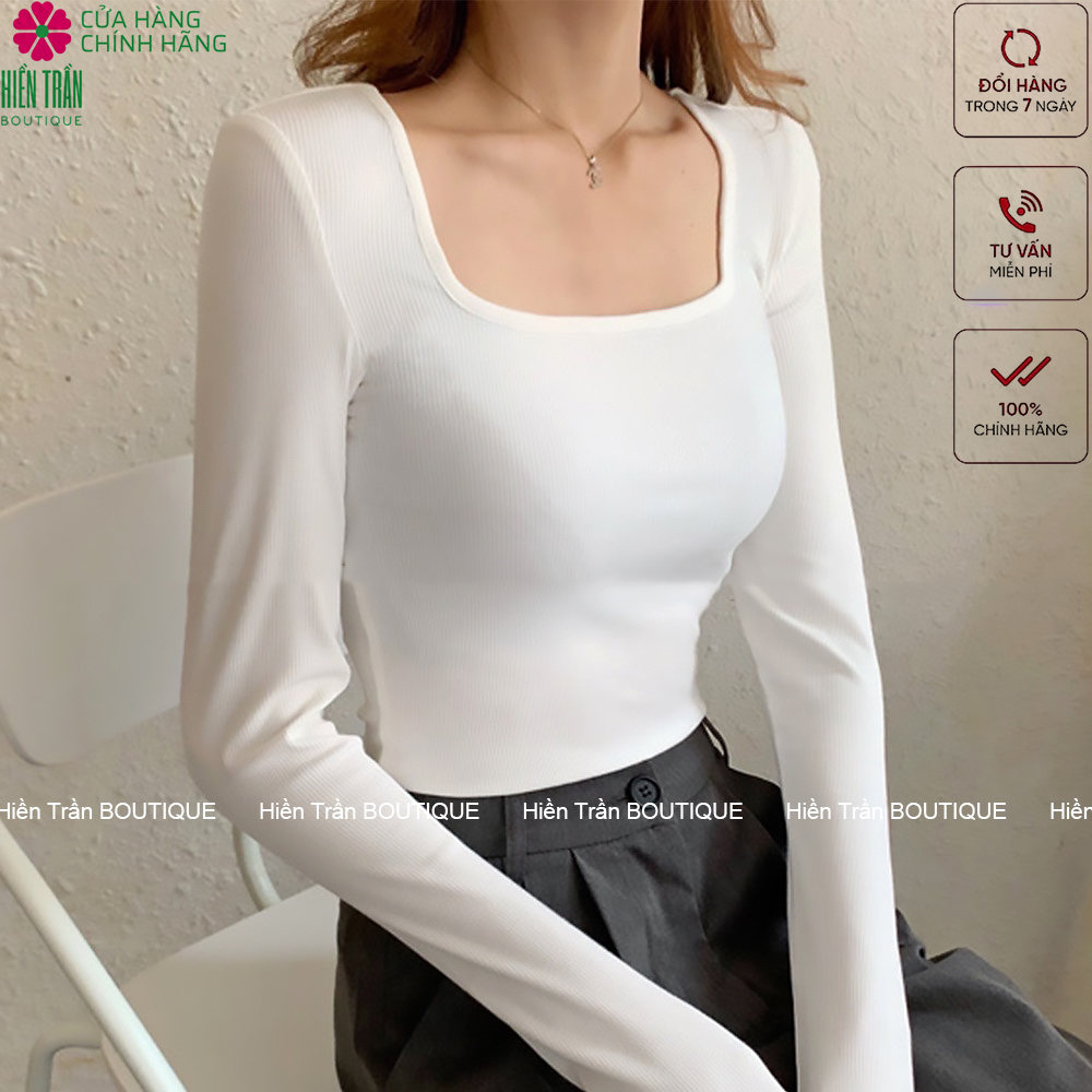  Áo croptop tay dài Hiền Trần BOUTIQUE cổ vuông vải thun ôm body crotop nữ cotton co giãn tốt