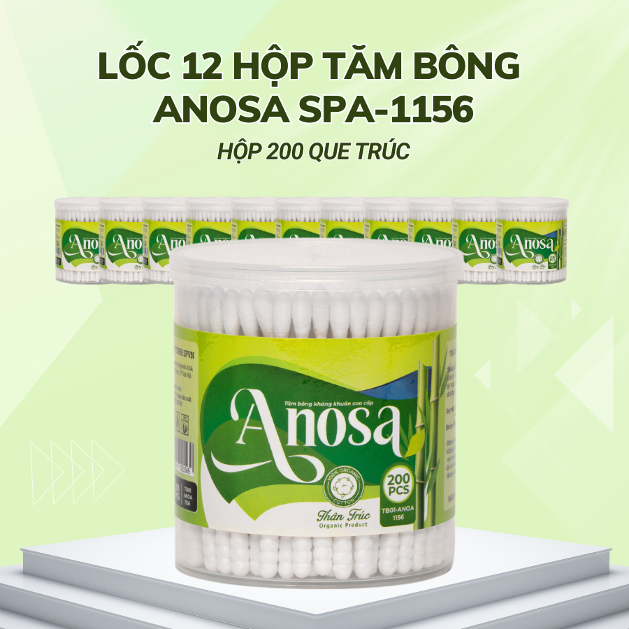 Lốc 12 hộp Tăm bông Anosa người lớn thân trúc hộp 200 que TB01-1156