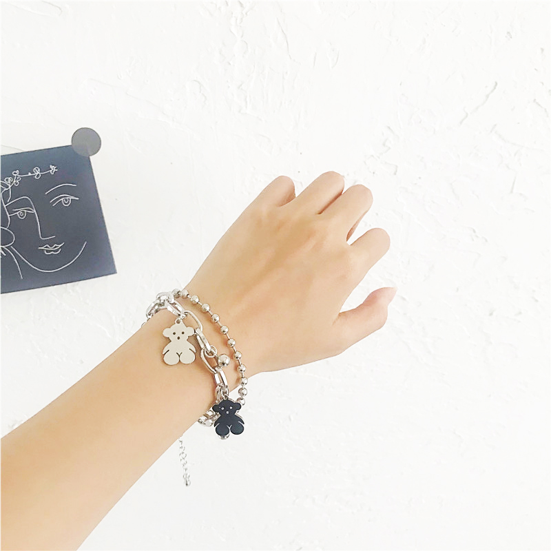 Lắc tay vòng đeo tay 2 tầng xích titan hình gấu sáng tạo