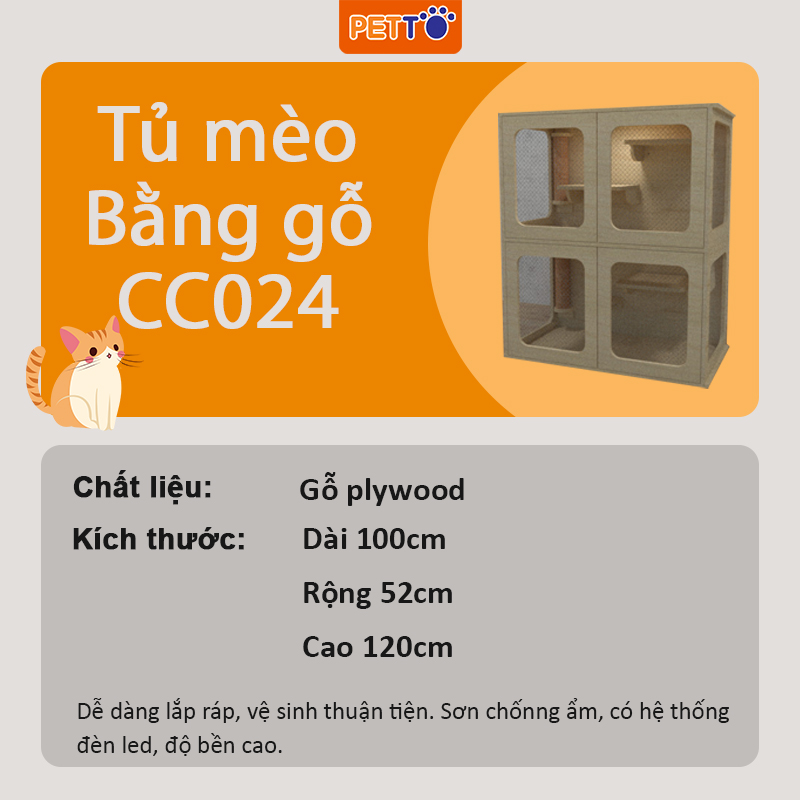 Tủ nuôi mèo bằng GỖ chuồng mèo thiết kế SANG TRỌNG kèm ĐÈN LED 2 tầng ngắn cách thoáng mát sạch sẽ cho mèo CC024