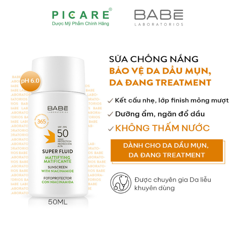 Kem Chống Nắng Babe Super Fluid Mattifying Sunscreen Spf 50 Phổ Rộng, Kiểm Soát Dầu 50ml