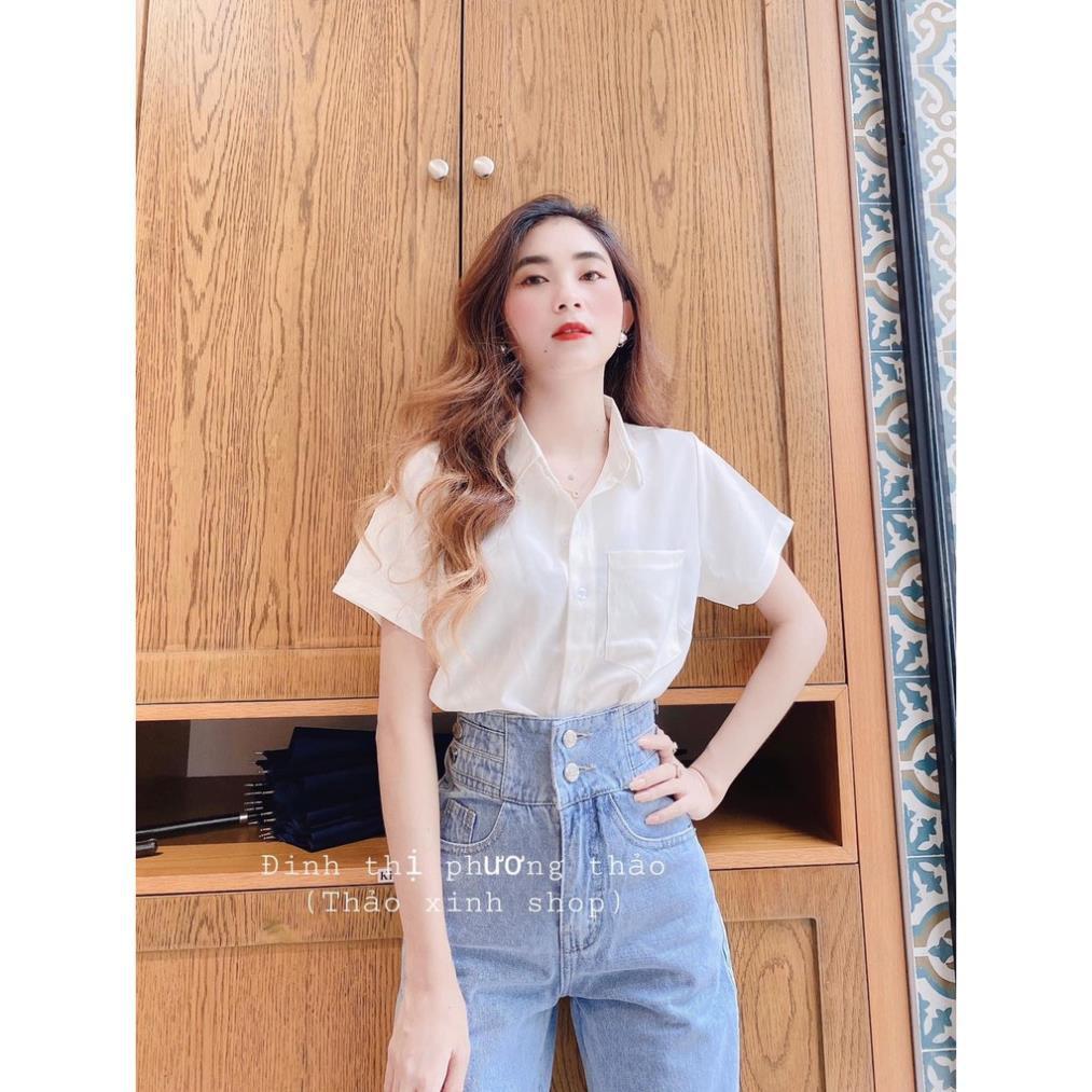 Set Quần Jean Bò Bèo 2 Khuy+ Áo Sơ Mi Trắng Cao Cấp Trẻ Trung Cho Bạn Gái thời trang Banamo Fashion 161