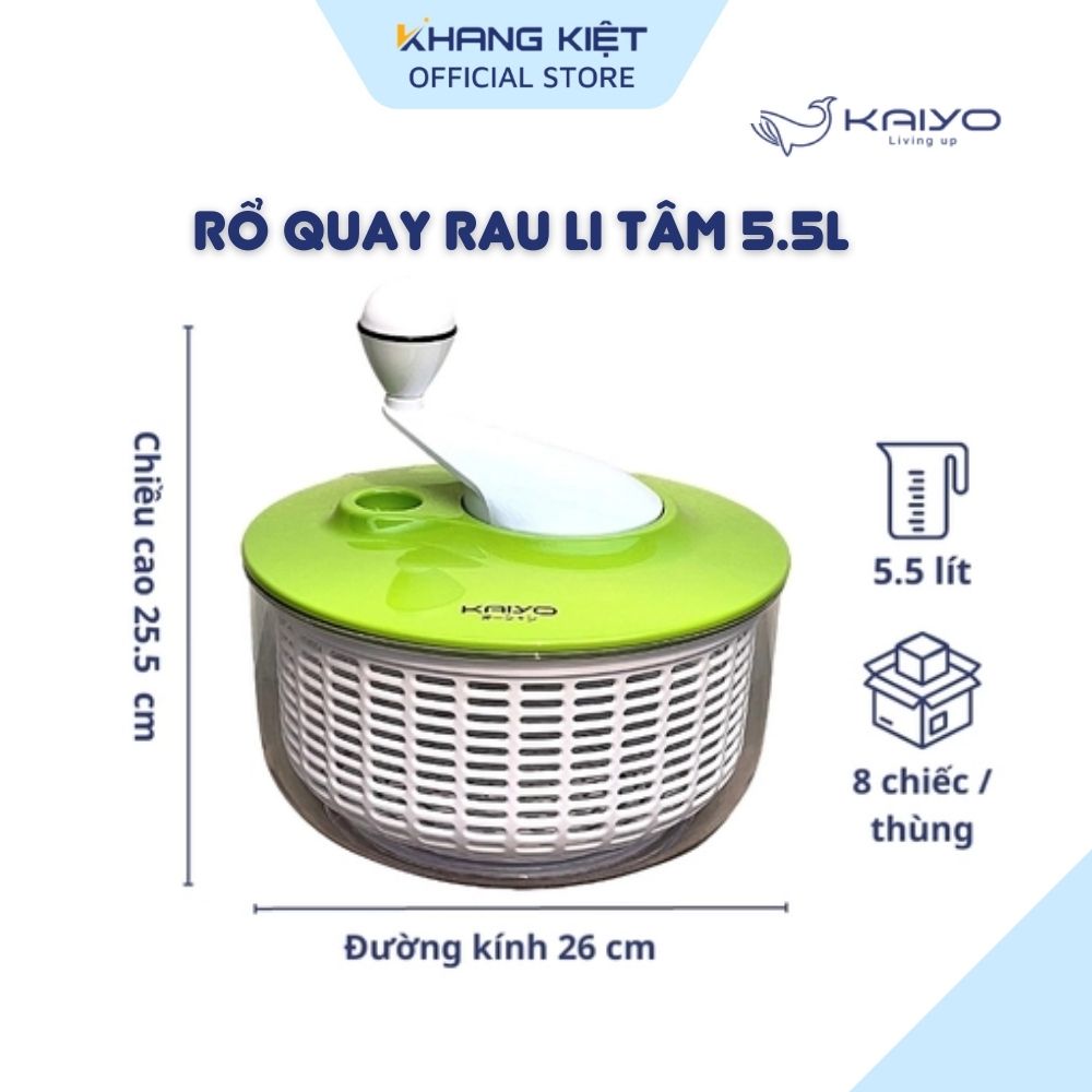 Rổ quay rau li tâm Kaiyo, dung tích 5.5 lít được làm từ nhựa cao cấp, tô bên ngoài bằng thuỷ tinh trong suốt, chịu nhiệt cao, lực xoay nhẹ, tốc độ xoay mạnh giúp quay li tâm làm kiệt nước thực phẩm và làm sạch hoa quả nhỏ, khó rửa như táo, nho