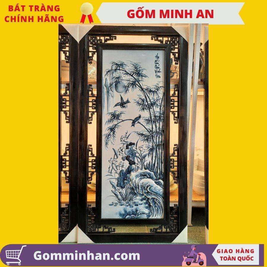 Tranh gốm sứ tứ quý vẽ Xuân Hạ Thu Đông đắp nổi men chàm cổ gốm sứ Minh An Bát Tràng kích thước 95x50cm