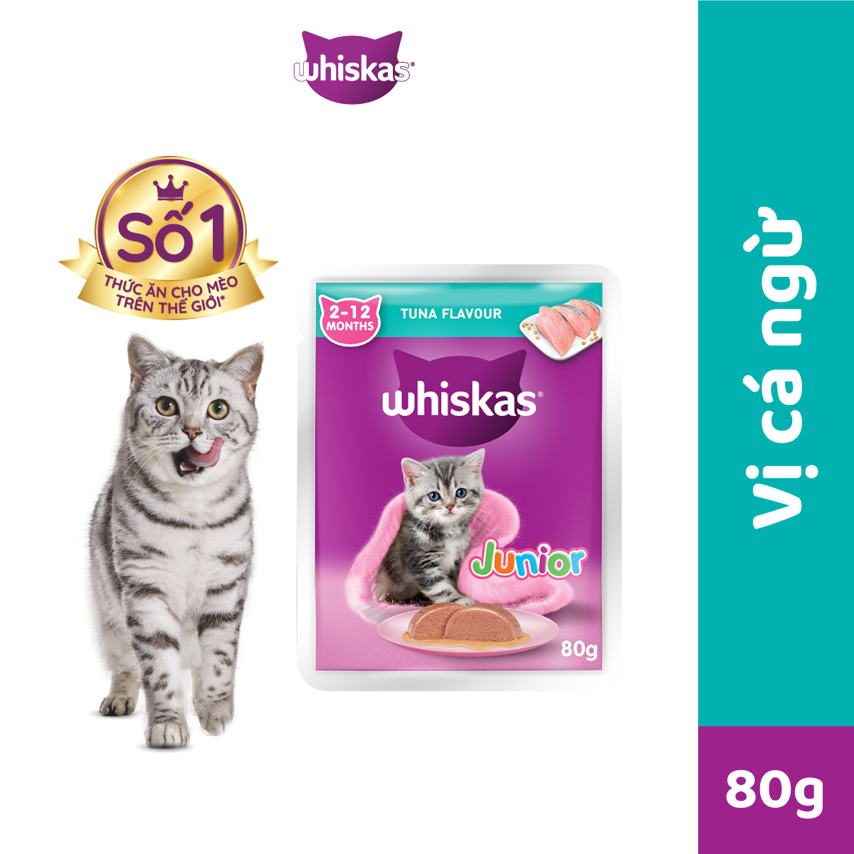 Combo Whiskas mèo con 80g mix 2 vị (cá ngừ + cá thu) - 12 túi