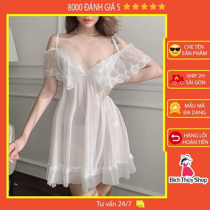 Váy ngủ sexy xuyên thấu trễ vai cuốn hút đồ ngủ nữ bigsize gợi cảm với màu trắng tinh khôi