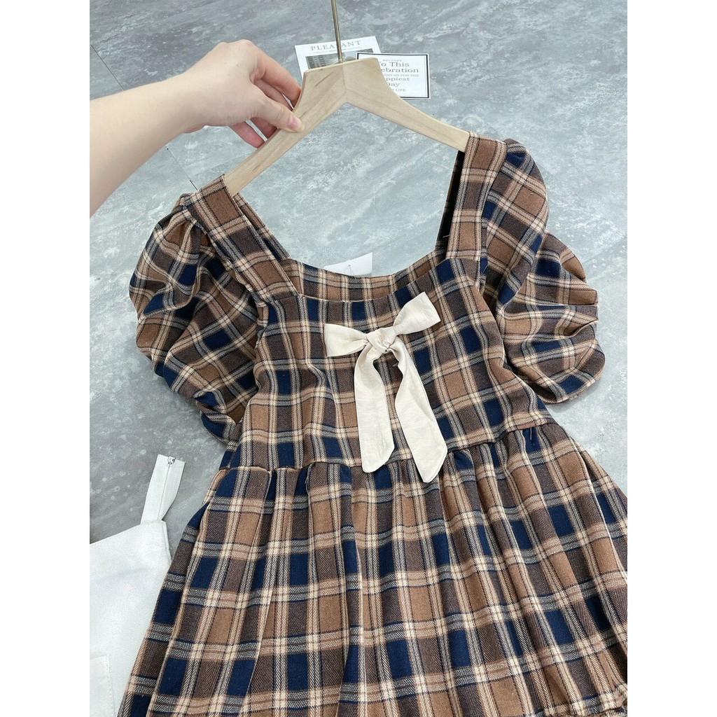 Đầm Babydoll Kẻ Caro Có Nơ Ngực Váy Babydoll Caro Tay Ngắn Có Nơ Ngực