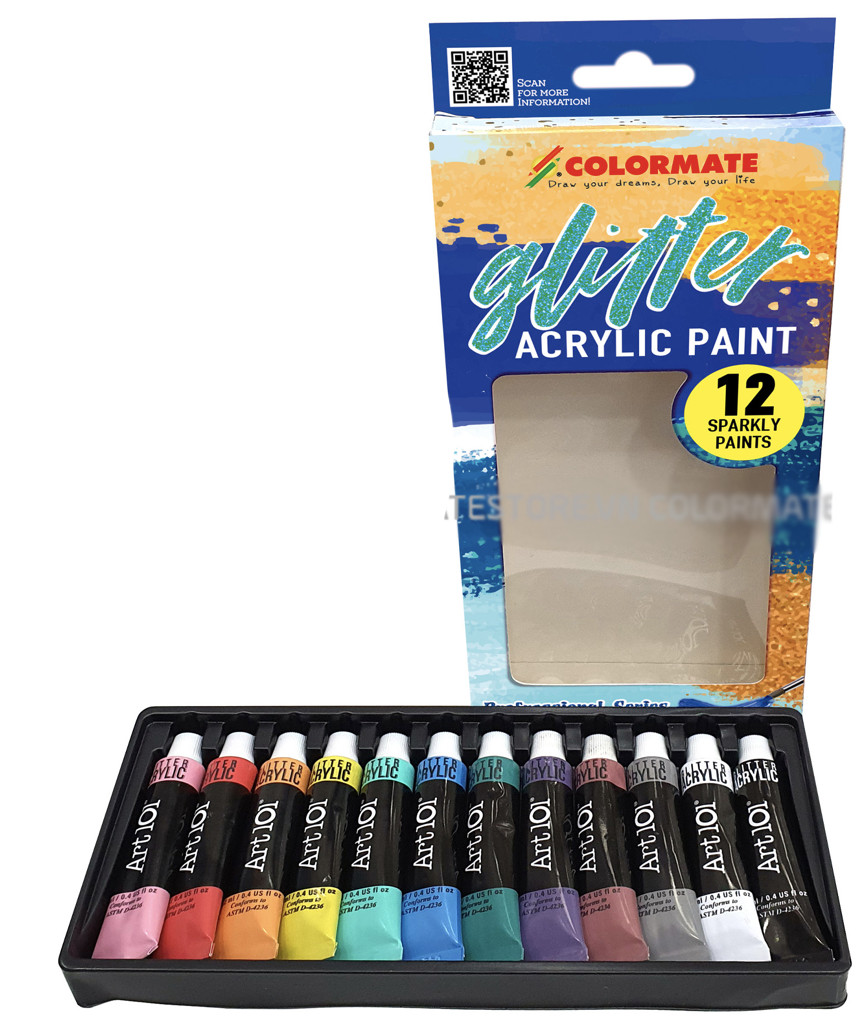 Hộp Giấy 12 Tuýp Glitter Acrylic Paint Colormate