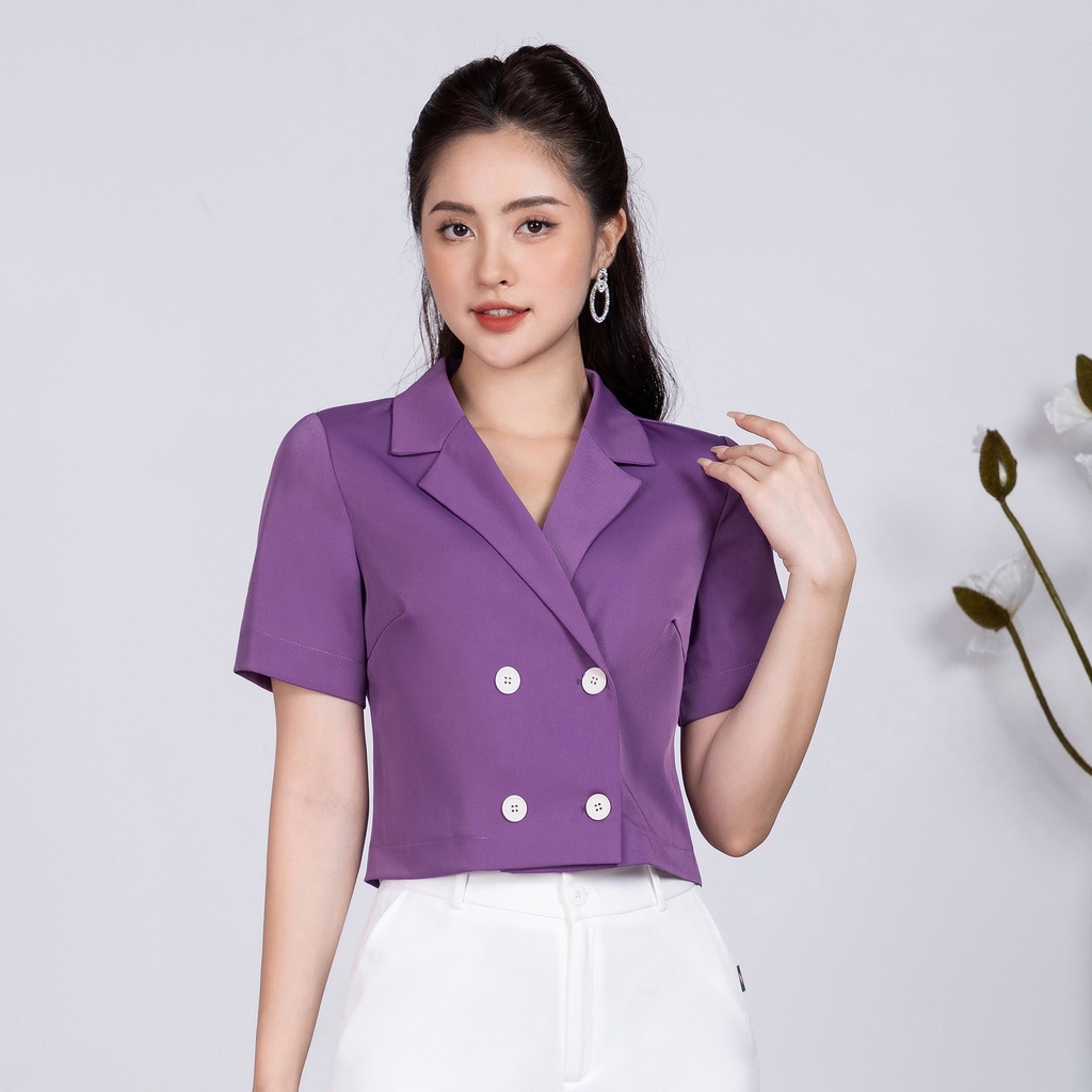 Áo sơ mi nữ cổ vest 4 cúc croptop ngắn tay thời trang thiết kế UK Fashion vải Hàn không nhăn màu tím, vàng NKSM2206009