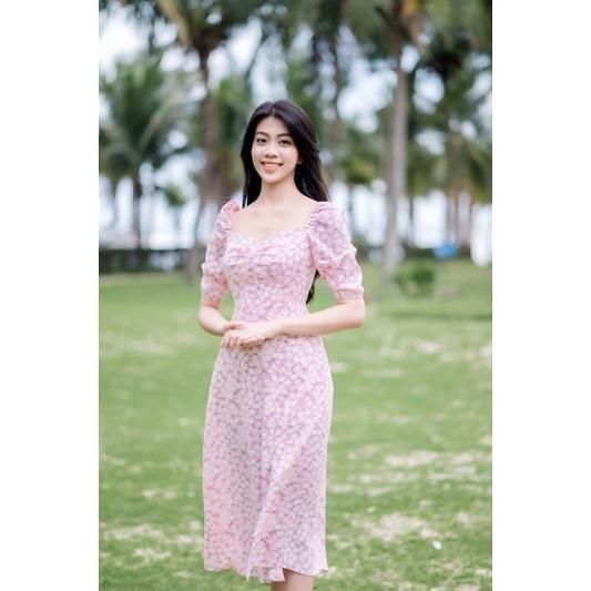 Váy hoa cúc hồng xẻ tà - 22CHIC