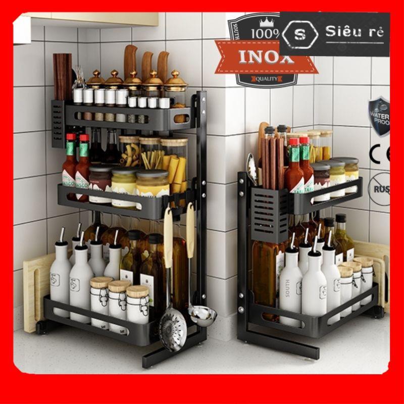 Kệ gia vị đa năng INOX phủ sơn tĩnh điện Đen KGV-007, kệ bếp cao cấp 2 Tầng loại dày